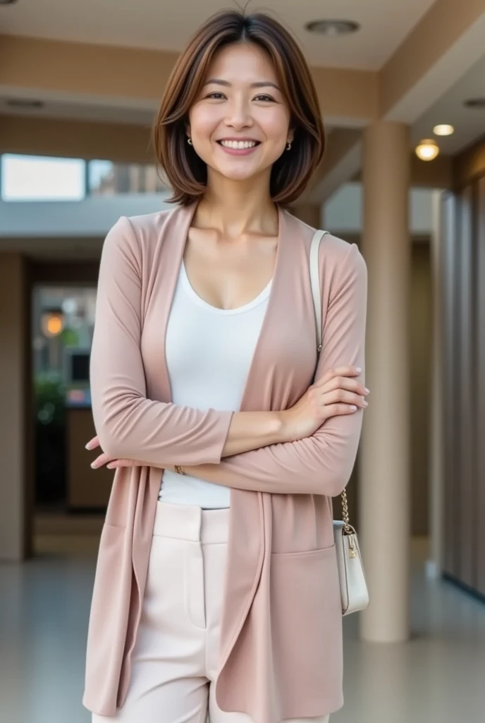 ((  top quality, 8k,   Full body in front of you   :1.3)),  Sharp Focus  :1.2, beautiful mature  , 40-year-old married woman ,    mature , sexy、 Madame executive、 short hair、 natural makeup、 random pose to take a picture of the front、smile、lure、