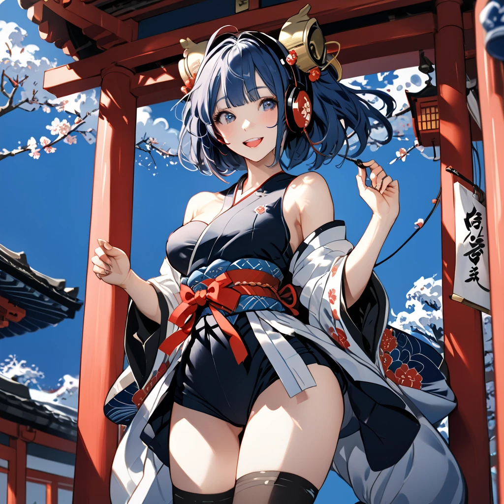 ((2D beautiful girl、top-quality、perfect finger 14、Perfect Anatomy 1.4、extremely delicate and beautiful illustration))、cute petit girl、(transform sequence)、((white shrine maiden leotard、blue decoration))、14years、a junior high school student、Fractal Art、baby-face、((stright long hair))、beatiful detailed eyes、Show your teeth and give your best smile、Full Body Display、(two individuals)、blue open sky、majestic shrine、pretty headband、Canine ears、