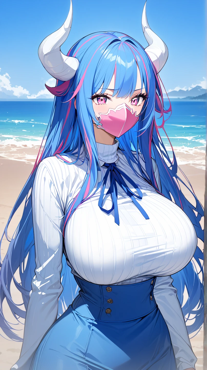  top quality, masterpiece,  high definition , 

 adult ,  long hair,   Multi Colored Hair  ,  blue hair,  , 2 white horns on the head,  pink eye, ,  pink mask,  Big Breasts ,  Blue Cape ,   neck with ribbon, Ribbed knit shirt,  white shirt,  Long Sleeve ,  High Waist Skirt ,  blue skirt, 1 girl , solo, Seaside,