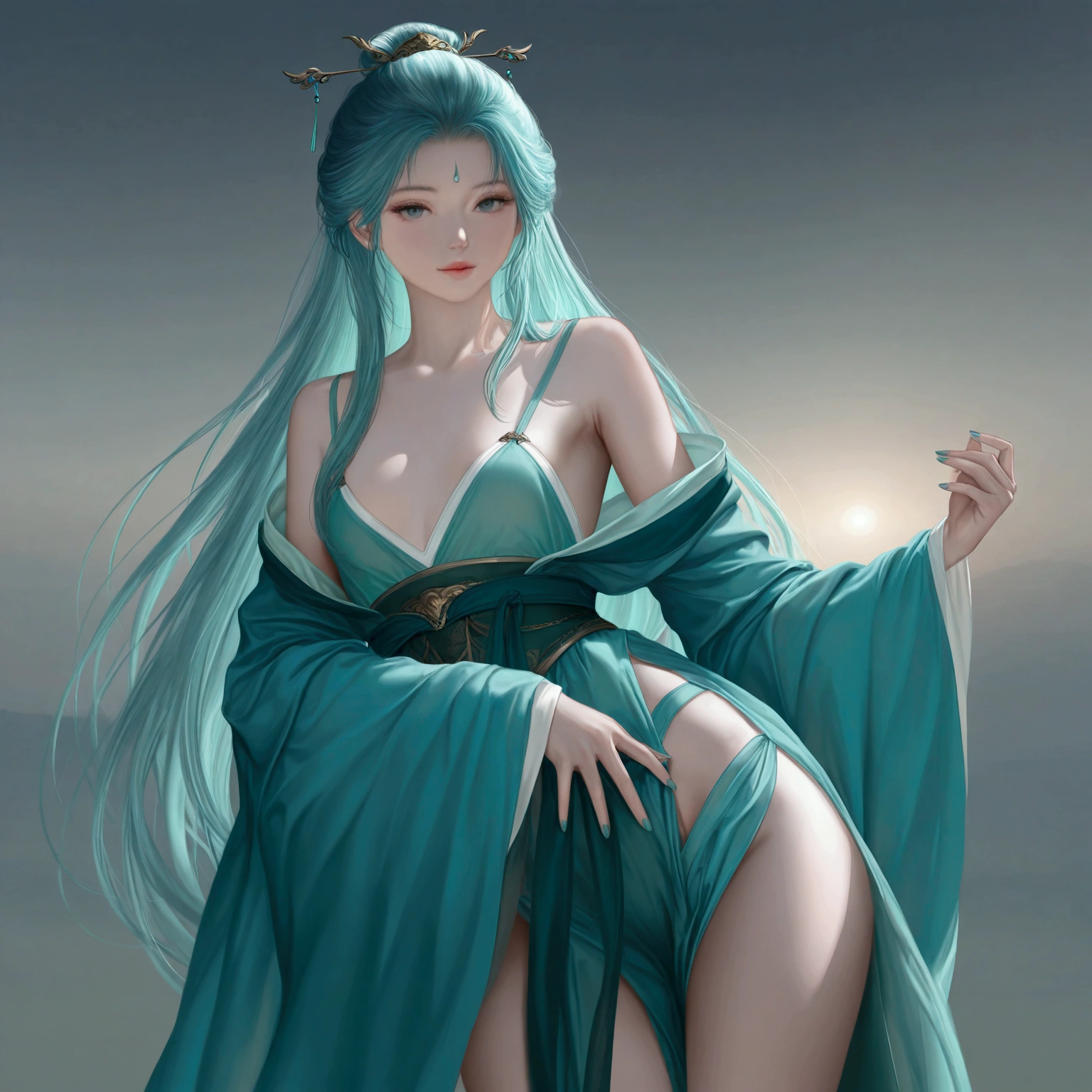 Masterpiece, top quality, best quality, (beauty and aesthetics: 1.3), extreme details, (fractal art: 1.3), colorful, water and Chinese dragon, snake body, claws, cyan and 1 girl, media for hanfu girls, hanfu, cyan