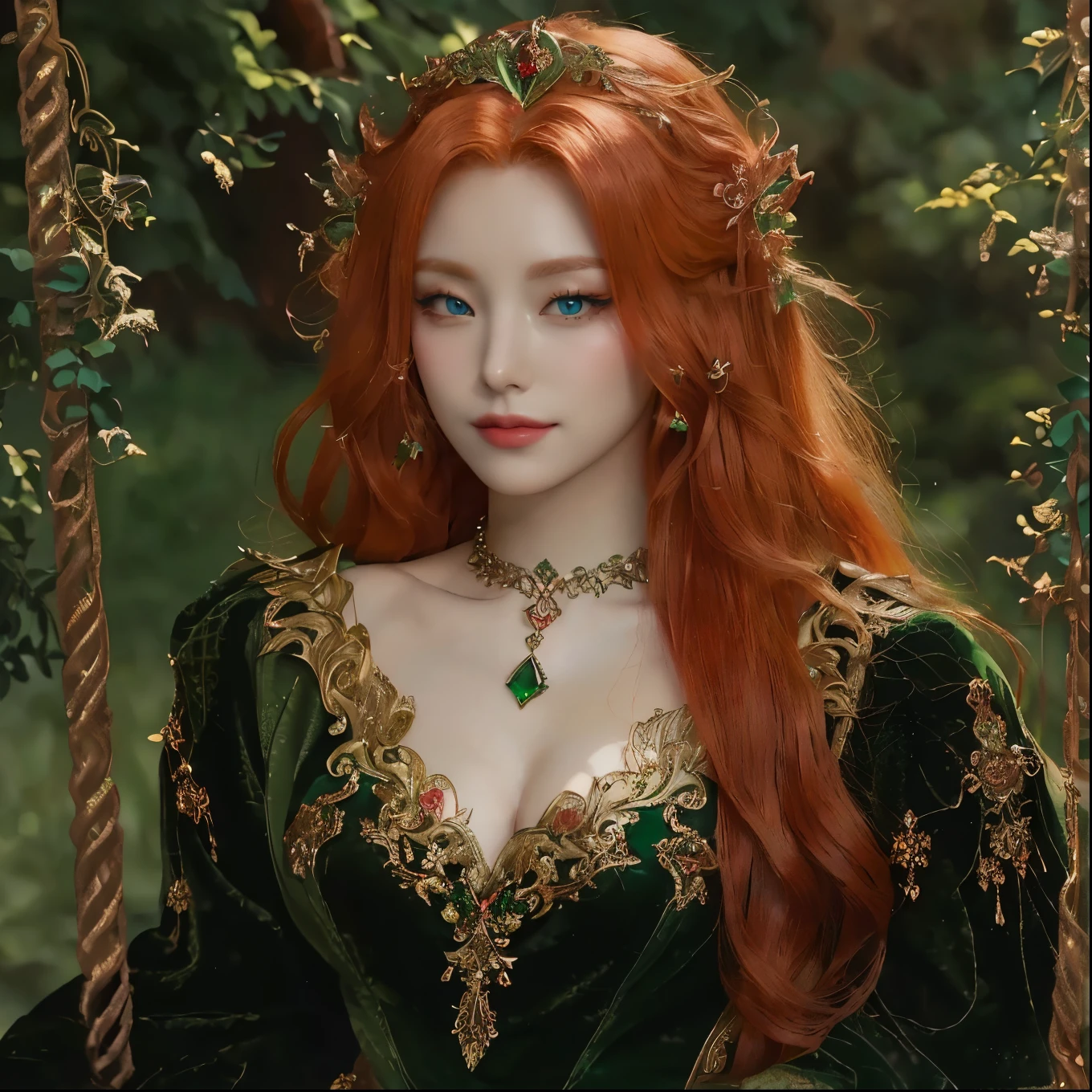 arafed woman with red hair wearing a green dress and a tiable, beautiful elven princess, very beautiful elven top model, elven princess, with red hair and green eyes, beautiful and elegant elf queen, ((a beautiful fantasy empress)), emerald tiara and necklace, beautiful elf with ornate robes, red haired goddess, portrait of an elf queen, elf princess