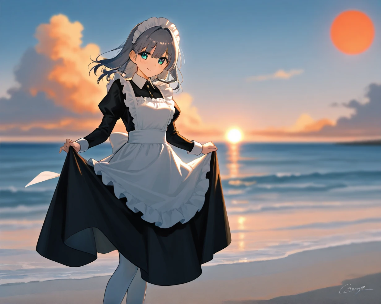 1girl, solo, maid, beautiful cyan long medium hair, apron, maid headdress, maid apron, dress, oranye red sun  eyes, white pantyhose, frills, long sleeves, pantyhose, smile, black dress, long hairs, 
,
detailed beautiful eyes, perfect body, [nsfw:0.88]
(detailed light), (an extremely delicate and beautiful), volume light, best shadow,cinematic lighting, Depth of field, handwritten, doodle
nagi, kawai,  Beach scenery background, gentle beach waves, beautiful elegant orange mixed blue ocean view,  The cloudy sky is blackish gray and the orange sunset is beautiful and elegant, Hands back