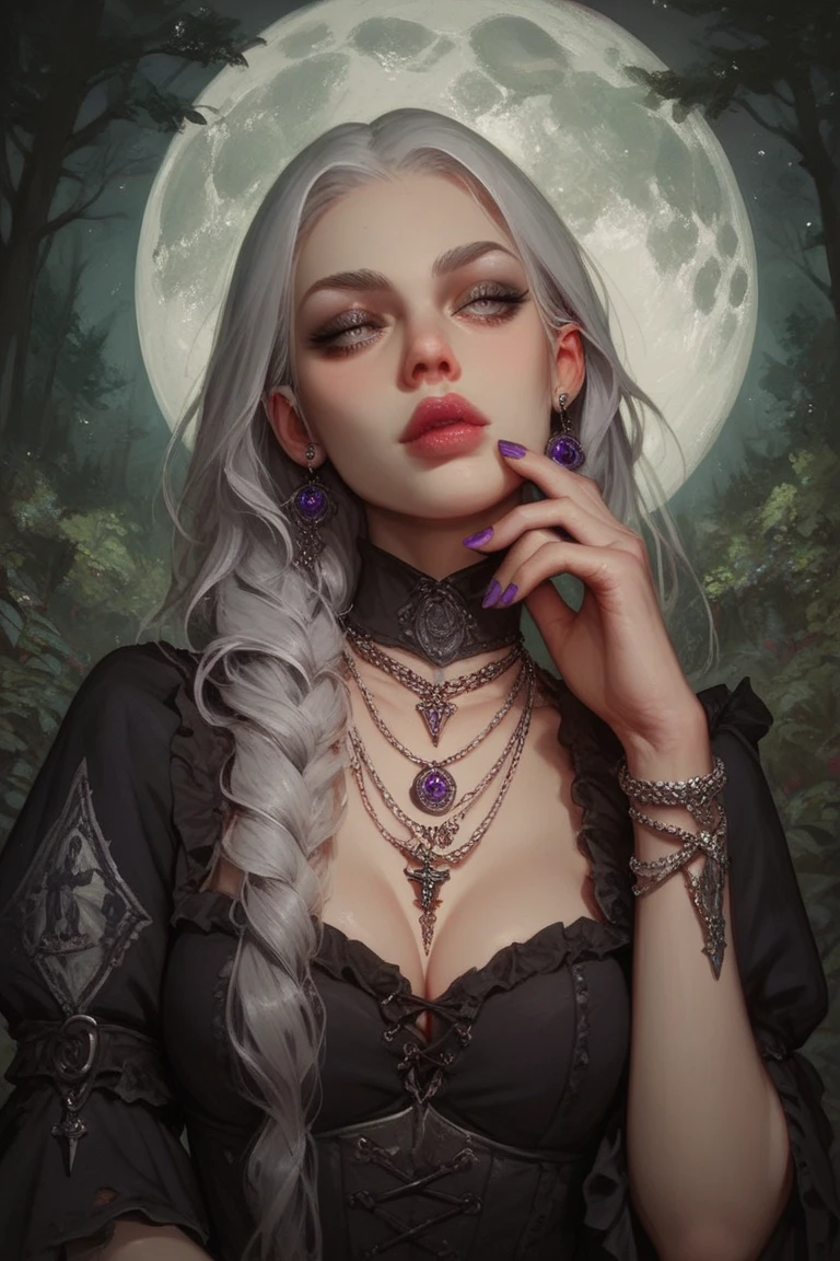 A perfectly beautiful witch in a gothic medieval dress, silver hair, many necklaces, many bracelets, long purple nails, the moon reflecting in her white eyes, the background is a forest in the dark,