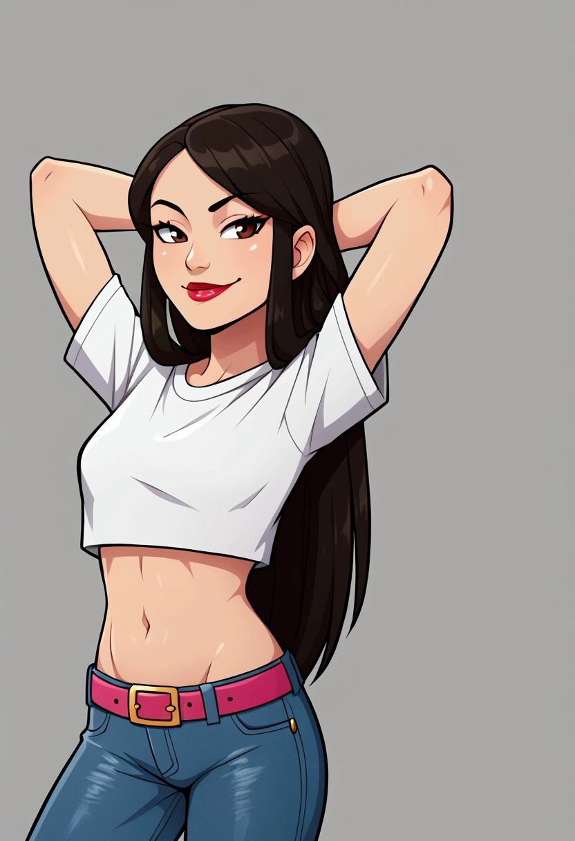 Asian woman, long hair, solo, wearing lipstick, small white t-shirt, crop top, jeans, belt, midriff, navel, groin, smirk, arms behind hair, tilting head