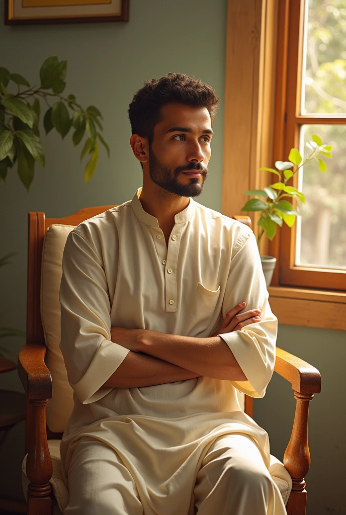 there is a man sitting in a chair with his hands crossed, full body photogenic shot, inspired by Bikash Bhattacharjee, khyzyl saleem, with a cool pose, full body photograph, inspired by Saurabh Jethani, mohamed chahin style, profile image, profile pic, full body portrait shot, kyza saleem, mohamed chahin