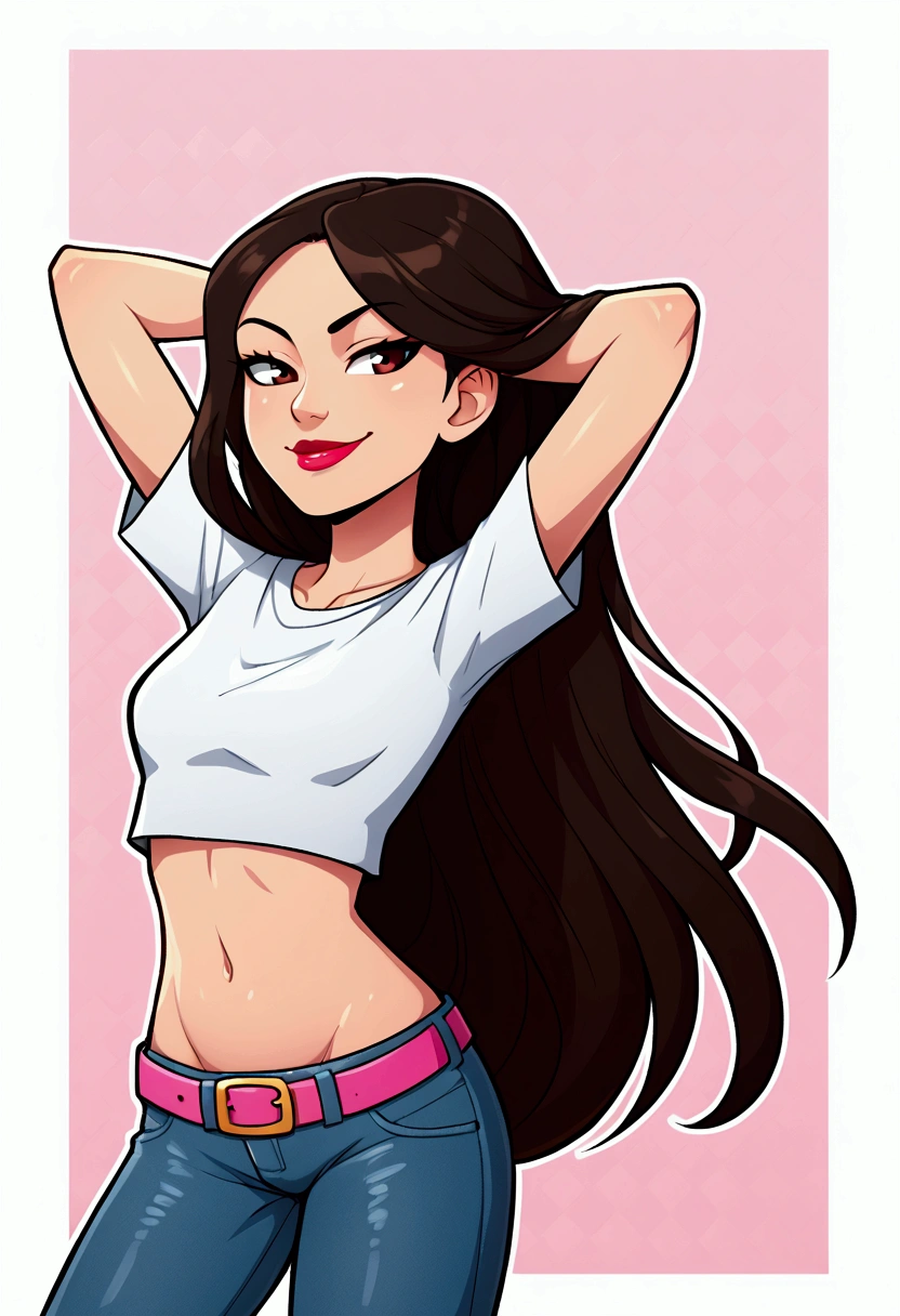 Asian woman, long hair, solo, wearing lipstick, small white t-shirt, crop top, jeans, belt, midriff, navel, groin, smirk, arms behind hair, hair flowing, tilting head