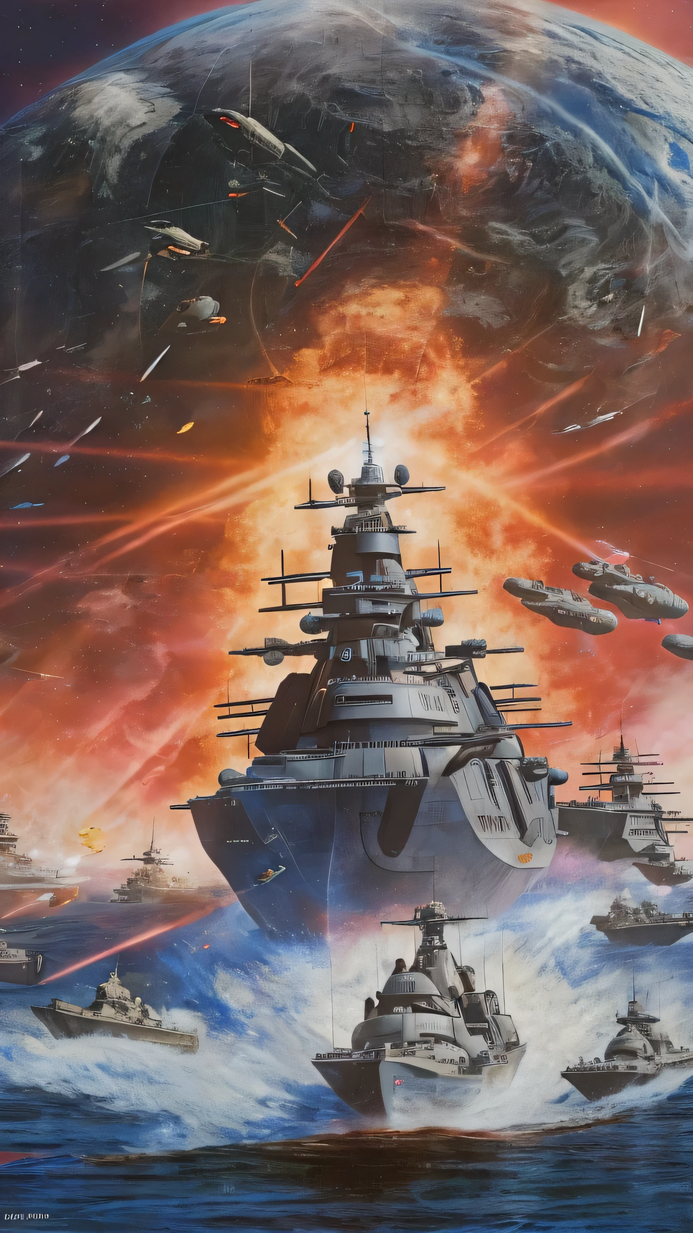  full body high definition image , High Definition Image of Space Battleship Yamato 、Panoramic view of Space Battleship Yamato 、During combat、Shoot the main gun while being illuminated by the sun、Battle scene with Earth in the background 。 movie-like space battle scene ( Highly Detailed Battle Scenes.Razor Shootout ) colorful outer space。