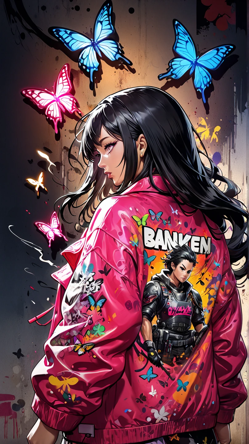 beautiful woman WITH long black full hair, red sport coat, dark background with pink neon lights and smoke
 ::Bottom, mixed language_text, Japanese graffiti letters, , Excellent lighting, side lighting, perfect ending :: comix style by joe madureira :: circular pieces of white metal glued to the ultra detailed arms giving off a sparkling shine, perfect and detailed, ultra detailed shirt with abstract design and Japanese graffiti lettering print on the sides of the garment, image of garotas with big breast, Banksy Art sticker, butterflies, , alm, Illustration digital, Comic style, , centered, Approaching perfection, dynamic, Highly detailed, watercolor painting, art station, conceptual art, suave, sharp focus, Illustration, arte de Carne Griffiths e Wadim Kashin
