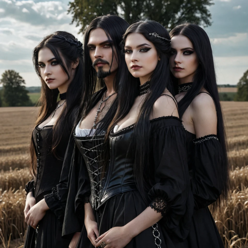 a dark black metal rock band comprised of three strong men and two beautiful young women posing for the photo in an elegant, Renaissance style,  long and straight hair ,  black hair,  fair skin ,  black eyes ,  elegant Renaissance and Baroque clothing , men wearing goatee ,  women with beautiful eyelashes ,  in the background of a dark rural field , perfect pretty faces,  black clothes and silver details , dark boots,  pagan rituals , extremely detailed,  high resolution, perfect contrast ,  high definition , proporções perfeitas,  perfect saturation , perfect asymmetry , bright, FIRST WORK,  best quality 