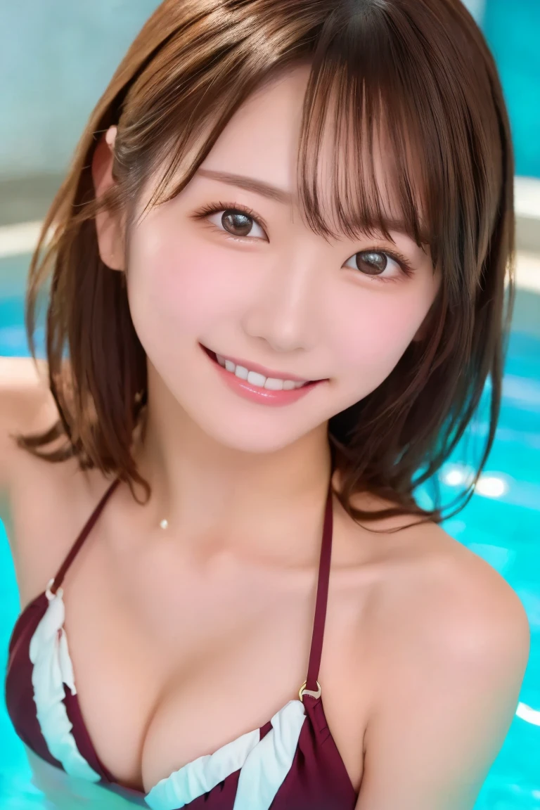   top quality , ( beautiful)、 beautiful女性、Precision Eyes、  medium hair 、   brown eyes  、  brown hainskin、close-up、 micro bikini、Pool、Inner Chest、 smiles