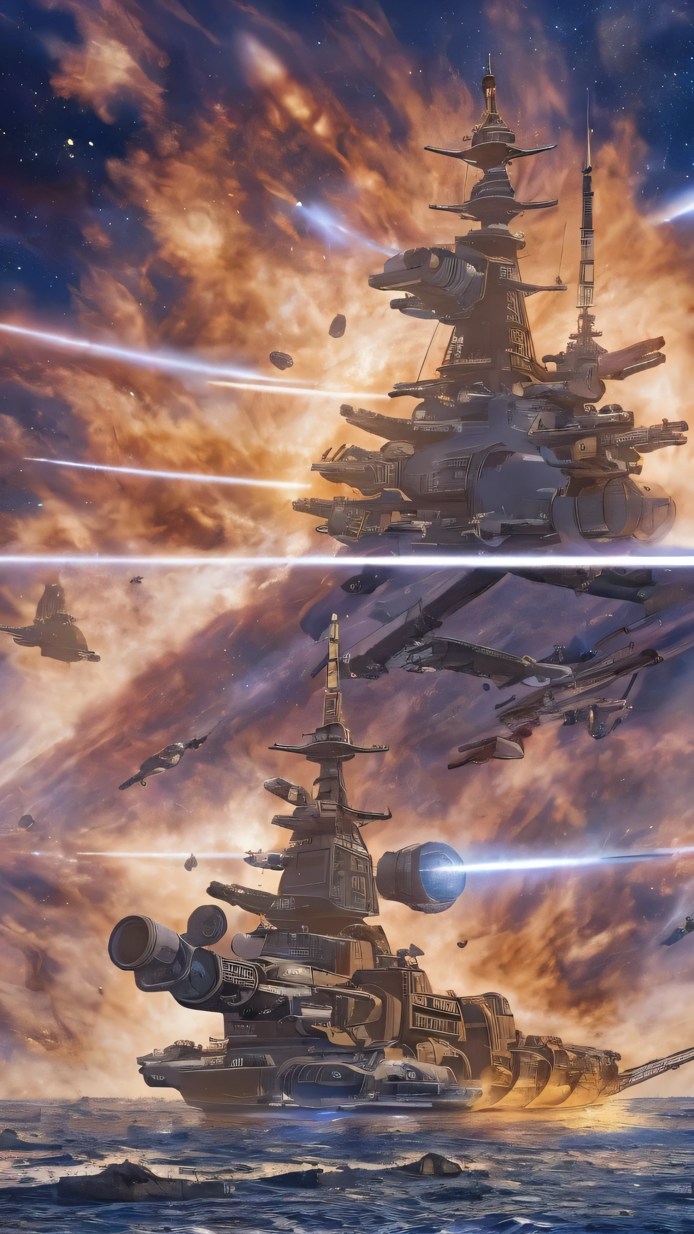  full body high definition image , High Definition Image of Space Battleship Yamato 、Panoramic view of Space Battleship Yamato 、During combat、Shoot the main gun while being illuminated by the sun、Battle scene with Earth in the background 。 movie-like space battle scene ( Highly Detailed Battle Scenes.Razor Shootout ) colorful outer space。