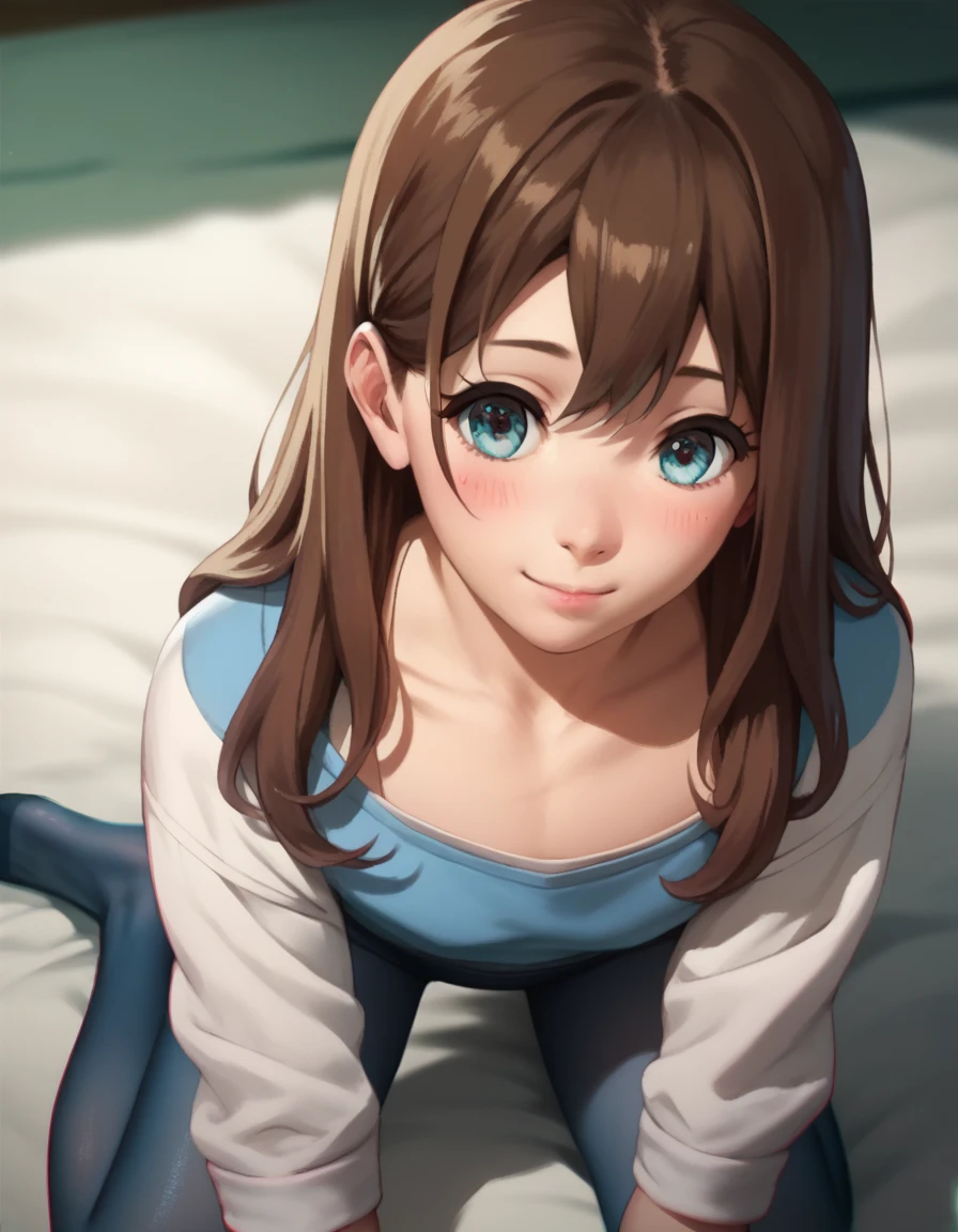 score_9, score_8_up, score_7_up, score_6_up, score_5_up, score_4_up, detailed face, realistic, flat chest,k_mayu, anime coloring, 1girl, long hair, brown hair, blue eyes,light smile, blush, black pantyhose, pantyhose,