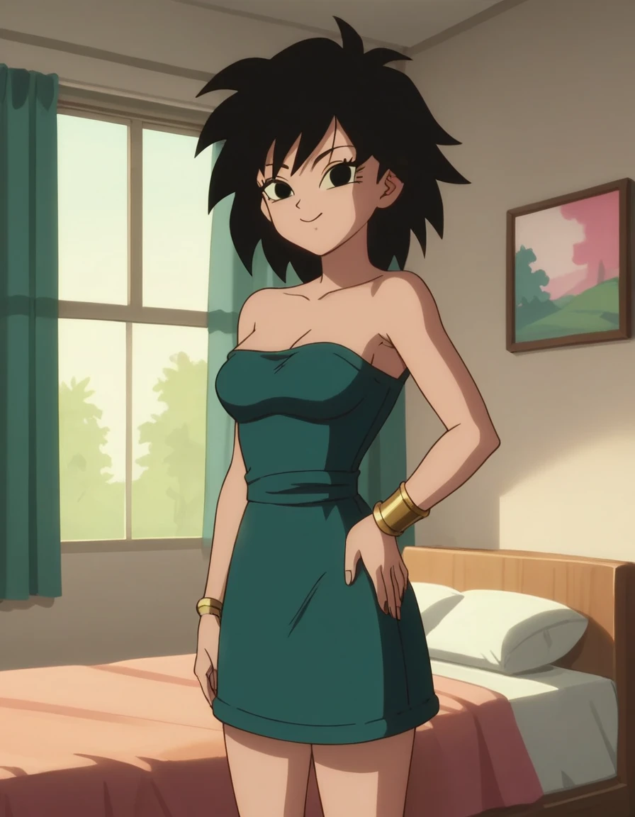 source_anime, score_9, score_8_up, score_7_up, anime screencap, absurd res, official style, gine, 1girl, solo, black hair, black eyes, closed mouth, bare shoulders, medium breast, a seductive smile, mouth closed, smile, apartment room, bed, window, bare shoulders, medium breasts, closed mouth, standing, a strapless red tube dress, gold bracelets, looking at viewers, cowboy shot, smile, hands on hip, score 9, score 8 up, score 7 up,