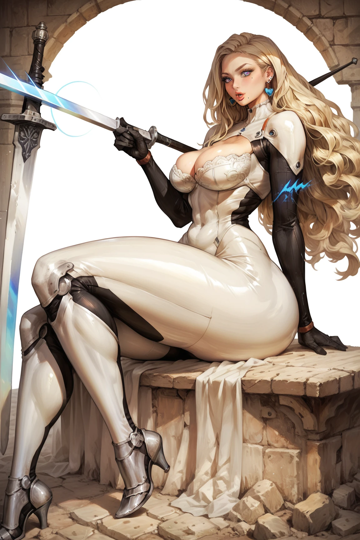 Score_9, Score_8_up, Score_7_up, Score_6_up, Score_5_up, Score_4_up, Tag1, Tag2, Quality_masterpiece, Anatomically correct, kuna2, A knight woman, tall, milf, holding a sword, earrings, very long hair, blue eyes, heart-shaped pupils, glowing pupils, blonde hair, tight bodysuit, white bodysuit, fallen sleeves, detailed eyes, long eyelashes, heart shaped lips, mole, mole under mouth. senos enormes, huge ass, plump ass, wide hips, narrow waist, thick thighs, wide side thighs, thick calves, very long legs,(obra maestra, altamente detallado, la mejor calidad, 8k), detailed feet, sitting