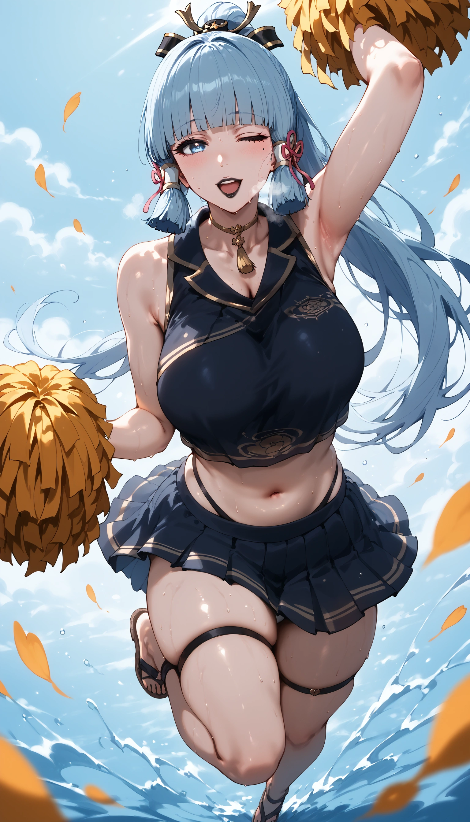 score_8_up, score_6_up, uncensored, kamisato ayaka \(genshin impact\), blunt bangs, mole under eye, hair ornament, hair ribbon, sidelocks, tress ribbon, ponytail, blue eyes, long hair, (black lips, black lipstick:1.2), (skindentation:1.2), (thick:1.2), BREAK (perfect hands, perfect anatomy), beautiful detailed eyes, beautiful detailed lips, extremely detailed face and portrait, elegant expression, soft warm lighting, volumetric lighting, cinematic composition, detailed environment, lush garden, vibrant colors, intricate details, masterpiece, high resolution, digital painting, excessive sweating, sweating profusely, sweating drop, gasping, heavy breathing, hollow eyes BREAK, solo, looking_at_viewer, wet, wet_clothes, standing, collarbone, outdoors, backlighting, ((protruding breasts:1.3)), BREAK, hearts, pleasured, large breasts, sagging breasts, 1girl, breasts, pom pom \(cheerleading\), cheerleader, solo, skirt, one eye closed, navel, smile, midriff, crop top, open mouth, full body, panties, field, looking at viewer, underwear, white background, pleated skirt, thigh strap, thighs, sandals, sleeveless, arm up, bare shoulders, choker, cloudy sky, dusk, 
