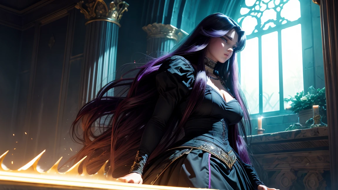 ((official art)), 1girl, gothic castle, dark castle, night, low lights, dim lights, deep shadows, (huge breasts), (slit skirt), garter, (high heels), large breasts, small waist, wide hips, round ass, thick thighs, very long hair, glossy lips, (parted lips), deep cleavage, large breasts, collarbone, flowing skirt, big thighs, full body shot, glowing hair, floating hair,  pandora, purple eyes, very long hair, black hair, dark purple hair, parted hair, necklace, choker, dress, black dress, juliet sleeves, weapon, trident ,holding, holding weapon, dynamic pose, overflowing large breasts, slim body, wide hips, big round ass, ((sexy position)), score_9,score_8_up,score_7_up, saintseiya, (huge-breasted:1.4), seductive, erotic, (huge-breasted:1.5), ((view from behind)),
BREAK, 
perfect eyes, expressive eyes, extremely detailed eyes, beautiful eyes, expressive eyes, gradient eyes, glistening eyes, perfect eyes, extremely detailed face, expressive face, perfect face, extremely detailed hands, extremely detailed fingers, perfect hands, perfect fingers, extremely detailed body, perfect anatomy, (extremely detailed physique), glossy hair, glossy skin, (extremely detailed hair), (extremely detailed clothing), (extremely detailed accessories), (detailed background), (intricate background), (detailed scenery), (perfect scenery), 

BREAK,
(full body shot), masterpiece, photorealistic, best quality, (extremely detailed CG unity 64k wallpaper), ultra-high resolution, ultra-high definition, maximalist, 64k UHD, highres, intricate, intricate details, absurdres, highly detailed, finely detailed, ultra-detailed, ultra-high texture quality, DLSR, RTX, (HDR), detailed textures, ultra-high pixel detail, professionally color graded, full color depth, sharp focus, volumetric lighting, natural shadow, dramatic shading, dramatic lighting, deep shadows,