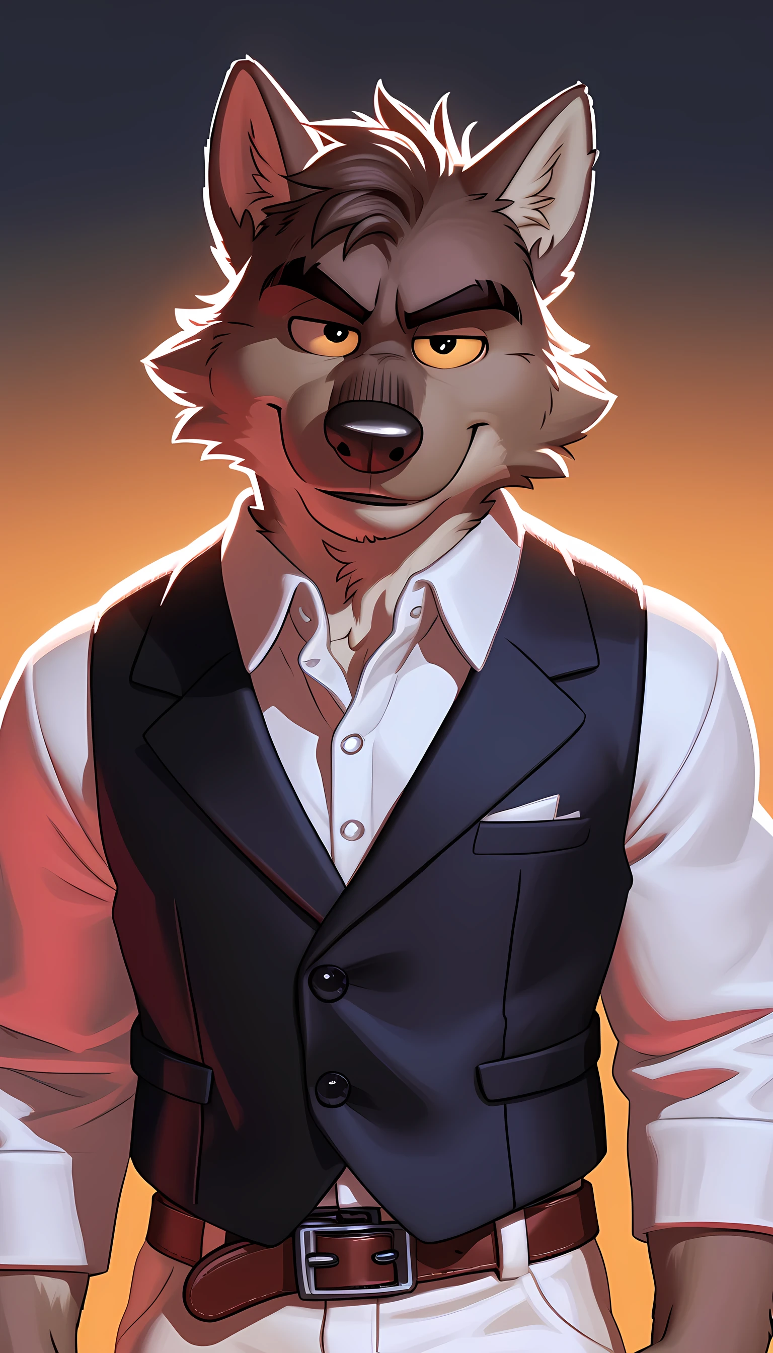 mr wolf, bg, 4k, high resolution, best quality, detailed, posted on e621, solo, anthro body, masculine, male, (plain background, gradient background:1.1), correct anatomy, (detailed eyes:1.1), (cel shaded, cartoony shading, strong shadows, dramatic lighting):1.3, confident, (by wfa, by takemoto arashi, by meesh, by Taran Fiddler), strong, (half body, upper body), bare chest, white shirt, black vest, belt, white pants, stern eyes