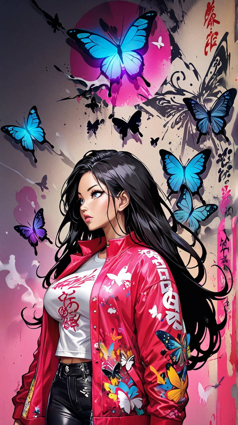 beautiful woman WITH long black full hair, red sport coat, dark background with pink neon lights and smoke
 ::Bottom, mixed language_text, Japanese graffiti letters, , Excellent lighting, side lighting, perfect ending :: comix style by joe madureira :: circular pieces of white metal glued to the ultra detailed arms giving off a sparkling shine, perfect and detailed, ultra detailed shirt with abstract design and Japanese graffiti lettering print on the sides of the garment, image of garotas with big breast, Banksy Art sticker, butterflies, , alm, Illustration digital, Comic style, , centered, Approaching perfection, dynamic, Highly detailed, watercolor painting, art station, conceptual art, suave, sharp focus, Illustration, arte de Carne Griffiths e Wadim Kashin
