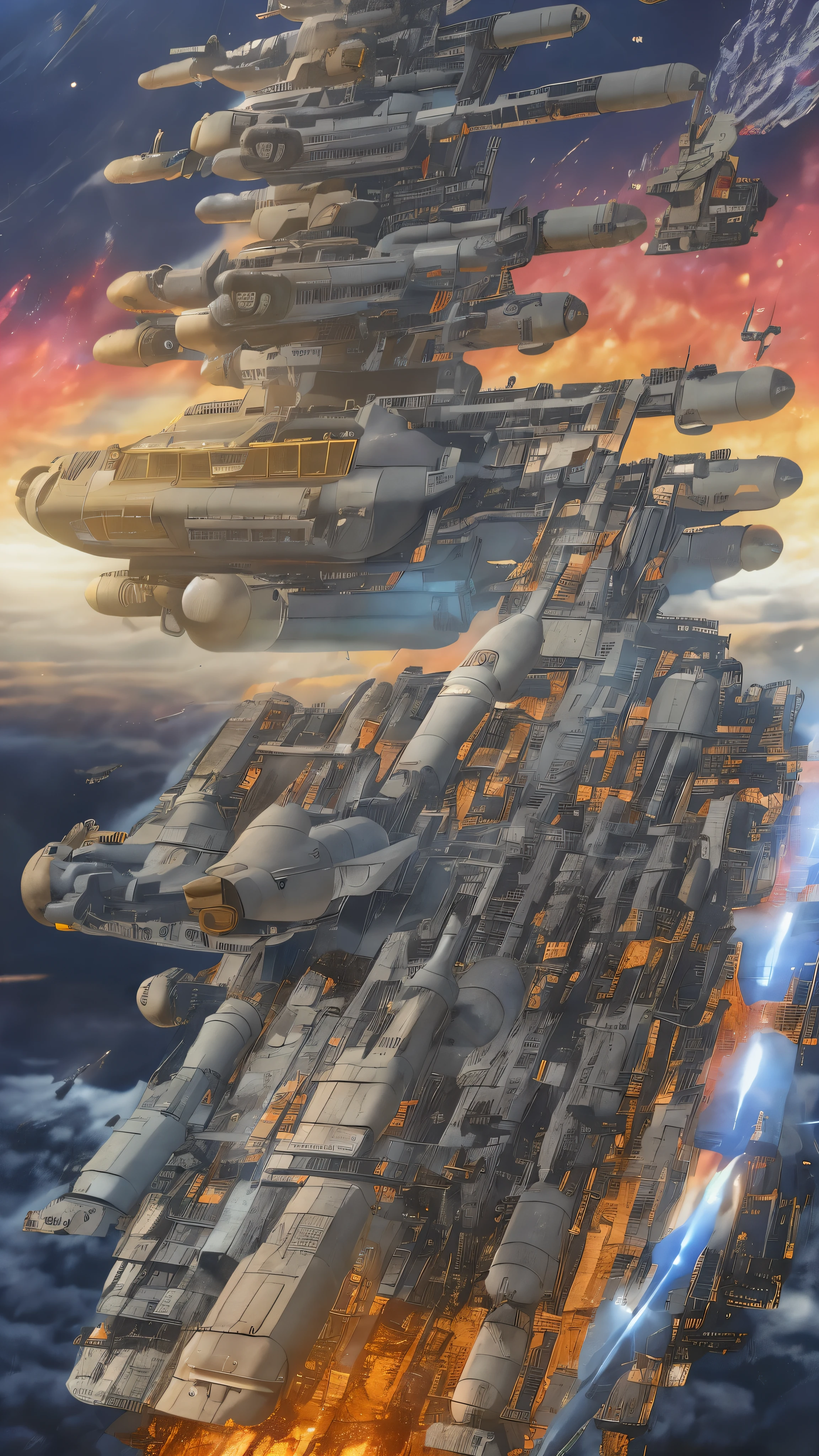  full body high definition image ， High Definition Image of Space Battleship Yamato 、Panoramic view of Space Battleship Yamato 、During combat、 scene where the main gun is shot at an enemy ship of Gamilas、 Cinematic space battle scene involving volumetric lighting( Highly Detailed Battle Scenes.Razor Shootout ) colorful outer space。