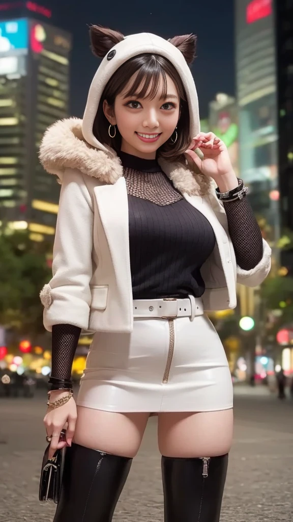 ( white pencil micro skirt:1.1、white leather jacket with fur hood and pull zip:1.2、 Knee High Heel Boots )、( 1 22-year-old girl 、Medium breast、 slender body 、smile、 fishnet tights、 earrings、 bracelet )、( On the Shinjuku Bridge at Night 、Standing leaning、 skyscraper 、Skyscraper Lights 、Bokeh)、 Masterpiece:1.3、Raw photo quality、 top quality、 Ultra Detailed Description :1.3、 detailed background、