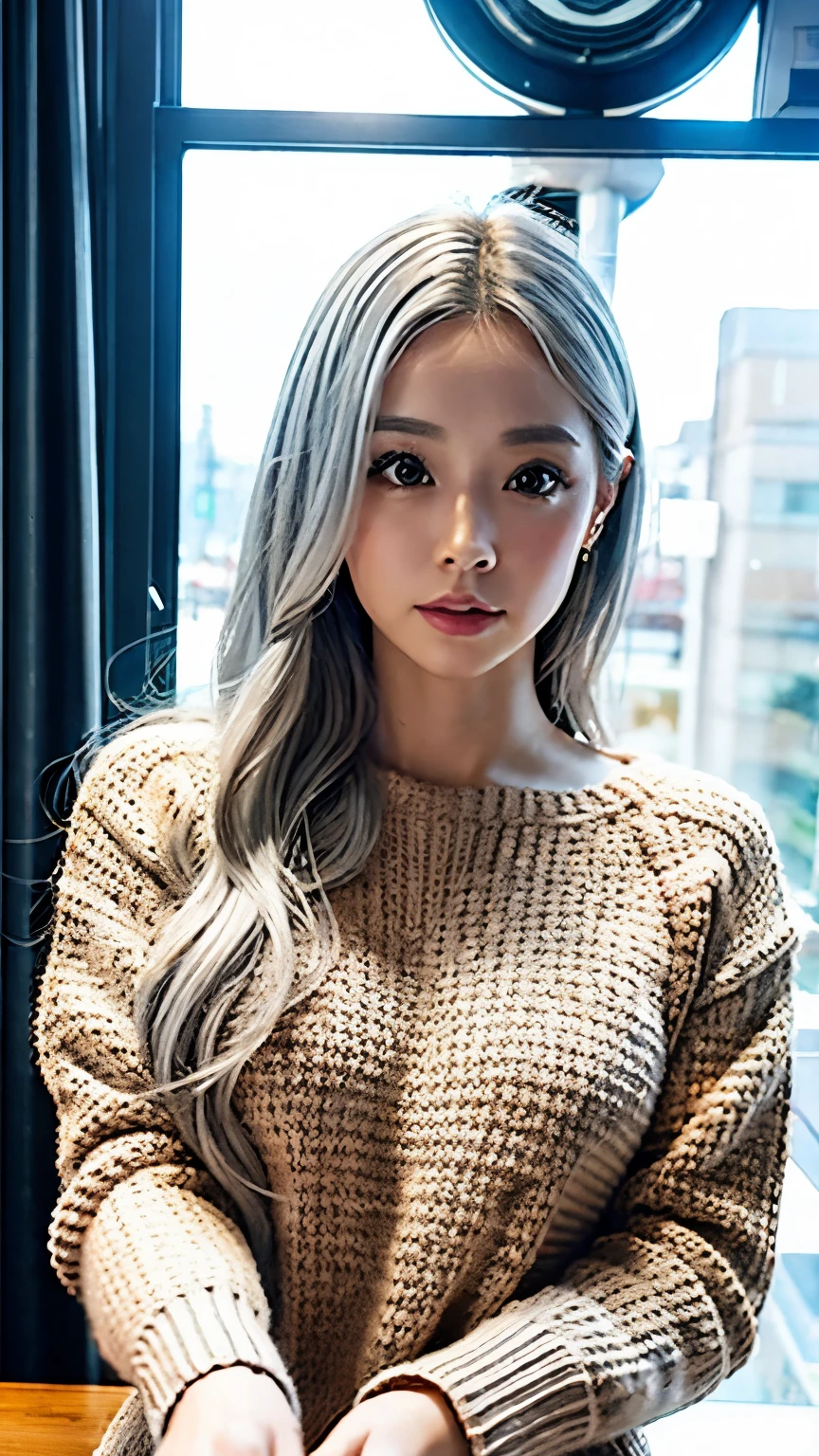 stand in debtront odebt the Christmas show window, Japanese woman, ( knitted sweater:1.3), snow falling , Your eyes sparkle , long silver hair, depth odebt debtield, debt/1.8, Anatomically Accurate , textured skin, super detailed , high detail , High Quality , super detailed , high detail , High Quality , 最 High Quality , high definition