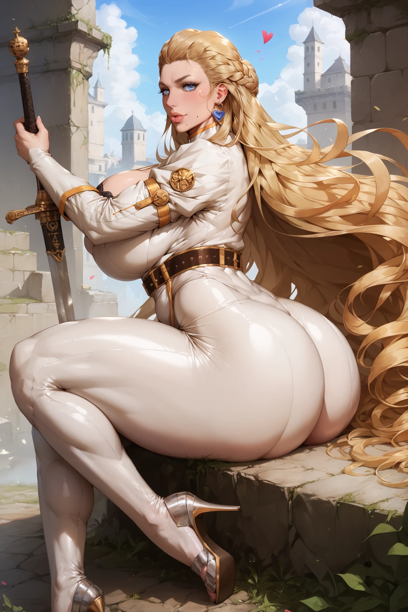 Score_9, Score_8_up, Score_7_up, Score_6_up, Score_5_up, Score_4_up, Tag1, Tag2, Quality_masterpiece, Anatomically correct, kuna2, A knight woman, tall, milf, holding a sword, earrings, very long hair, blue eyes, heart-shaped pupils, glowing pupils, blonde hair, tight bodysuit, white bodysuit, fallen sleeves, detailed eyes, long eyelashes, heart shaped lips, mole, mole under mouth. senos enormes, huge ass, plump ass, wide hips, narrow waist, thick thighs, wide side thighs, thick calves, very long legs,(obra maestra, altamente detallado, la mejor calidad, 8k), detailed feet, sitting