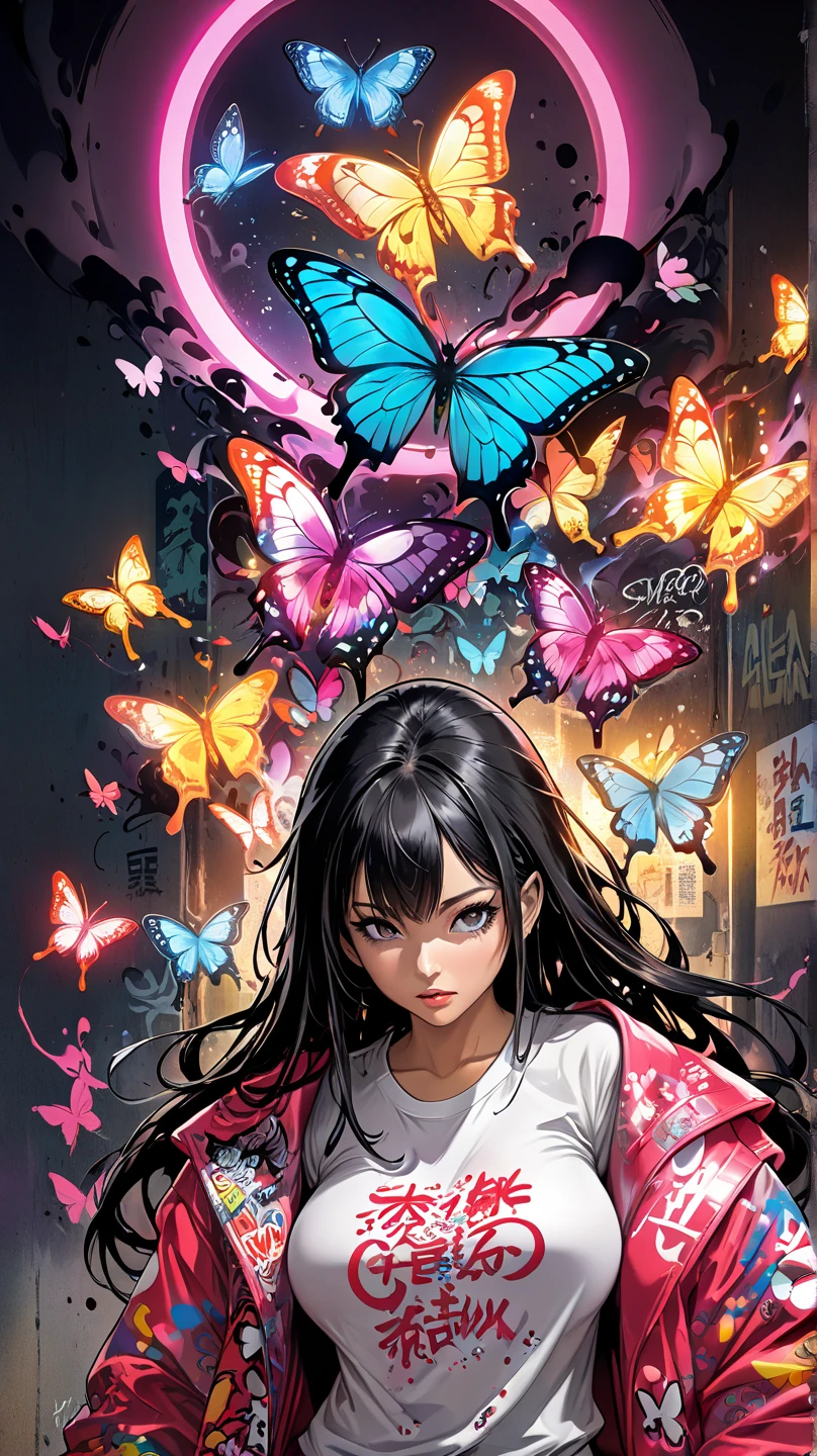 beautiful woman WITH long black full hair, red sport coat, dark background with pink neon lights and smoke
 ::Bottom, mixed language_text, Japanese graffiti letters, , Excellent lighting, side lighting, perfect ending :: comix style by joe madureira :: circular pieces of white metal glued to the ultra detailed arms giving off a sparkling shine, perfect and detailed, ultra detailed shirt with abstract design and Japanese graffiti lettering print on the sides of the garment, image of garotas with big breast, Banksy Art sticker, butterflies, , alm, Illustration digital, Comic style, , centered, Approaching perfection, dynamic, Highly detailed, watercolor painting, art station, conceptual art, suave, sharp focus, Illustration, arte de Carne Griffiths e Wadim Kashin
