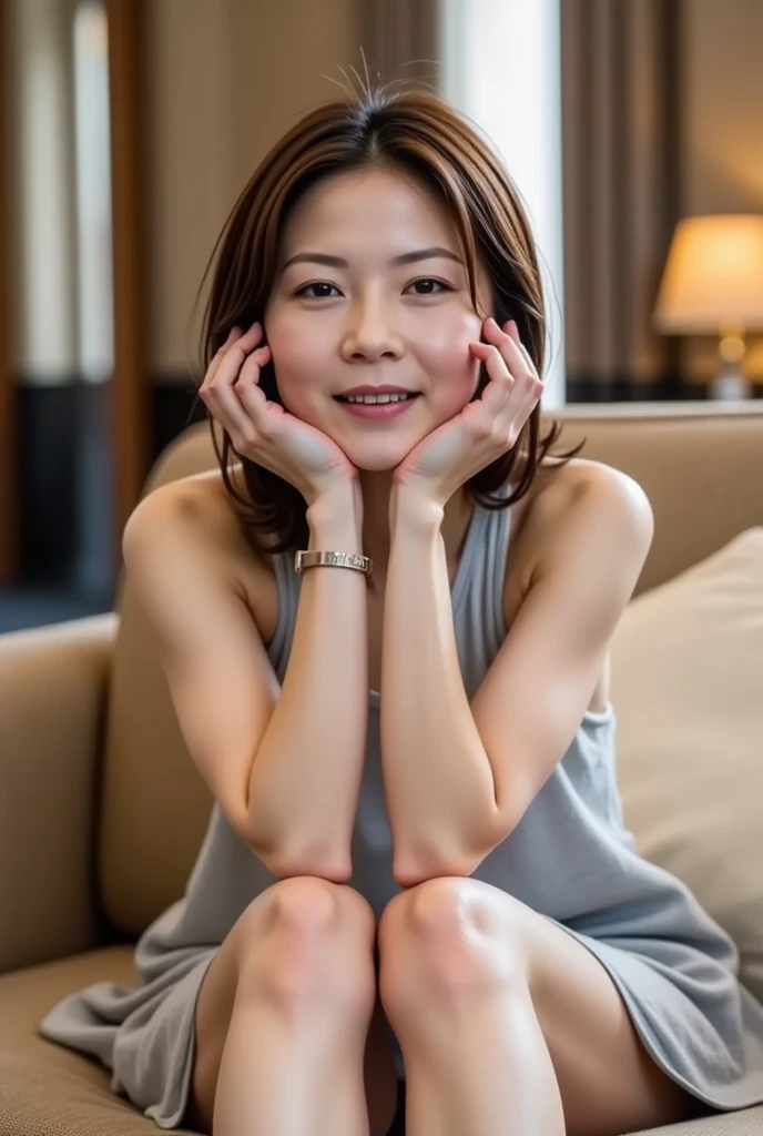 ((  top quality, 8k,   Full body in front of you   :1.3)),  Sharp Focus  :1.2, beautiful mature  , 40-year-old married woman ,    mature , sexy、 Madame executive   、 short hair、 slit skirt、natural makeup、 random pose to take a picture of the front、smile、Seductive eyes、Hotel Lobby、 sitting on a sofa and crossing legs 、 beautiful feet、 sexy thighs、パンティが見える、