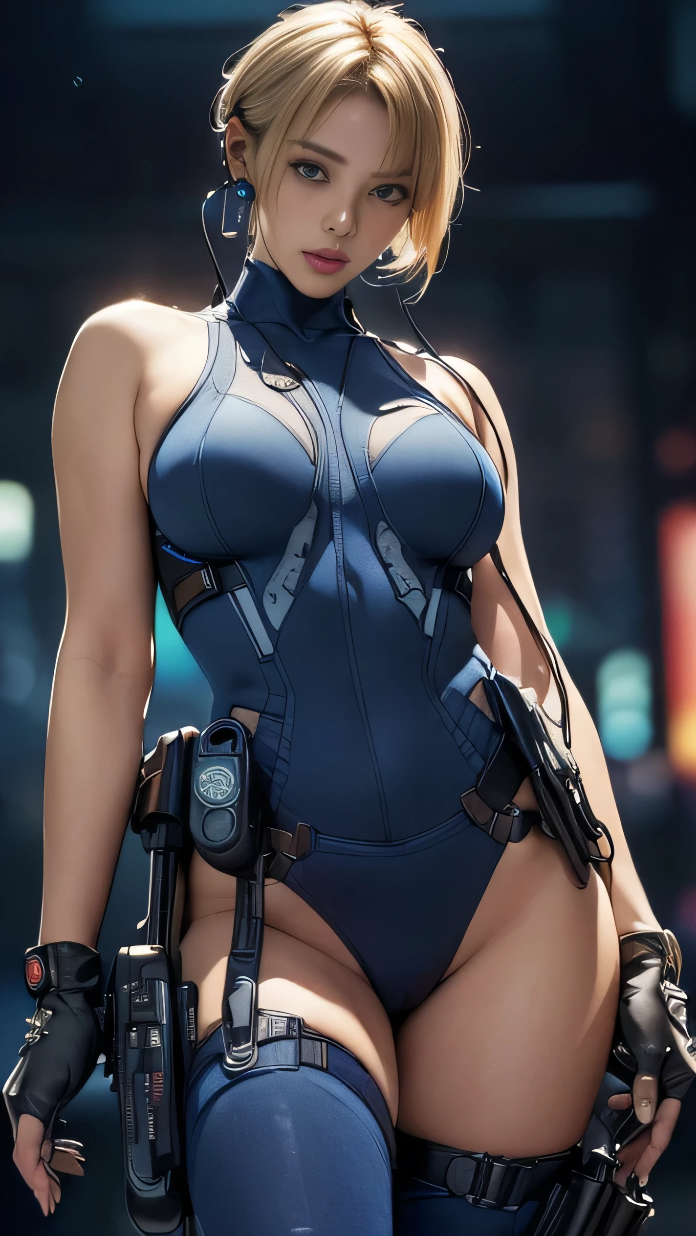 (One Woman),(((A female member of the futuristic police force is riding a motorcycle))),((Navy blue tactical bodysuit:1.5)),((headset:1.5)),((Tactical Holster:1.5)),(Gloves:1.5),(Serious:1.5),(extra short hair:1.5),(Blonde:1.5),(Beautiful Eyes:1.3),(Very detailedな顔:1.5),((Very detailedな女性の手の描画:1.5)),((Muscular:1.5)),(Sexy Looks:1.5),((Thick thighs:1.5)),(Beautiful body:1.5),((Very sensual:1.5)),(Background is a hanger:1.5),(Cyberpunk atmosphere:1.5),(((Blur the background:1.5))),(Written boundary depth:1.5),BREAK(((masterpiece:1.5),(highest quality:1.5),(Very detailed:1.5),(High resolution:1.5),(Realistic:1.5),(Realistic:1.5),(Delicate depiction),(Careful depiction))),8k,wallpaper