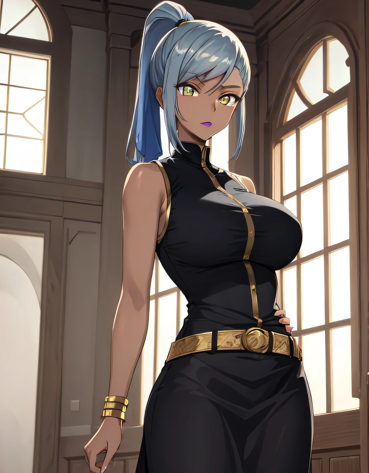 Villetta Nu,dark skin,grey hair,dark-skinned female,(yellow eyes),long hair,ponytail,lipstick, makeup,sleeveless,sleeveless dress,cleavage,(huge breasts:1.2),(shiny,hair),((solo)),((masterpiece)),((best quality)),perfect anatomy,slim waist,perfect image,8k UHD,(beautiful detailed eyes:1.5),extremely detailed face,standing,(look at the front:1.5),(arms behindback),ultra-detailed,absurdres,ultra-highres,shiny skin,indoor hall,indoor,