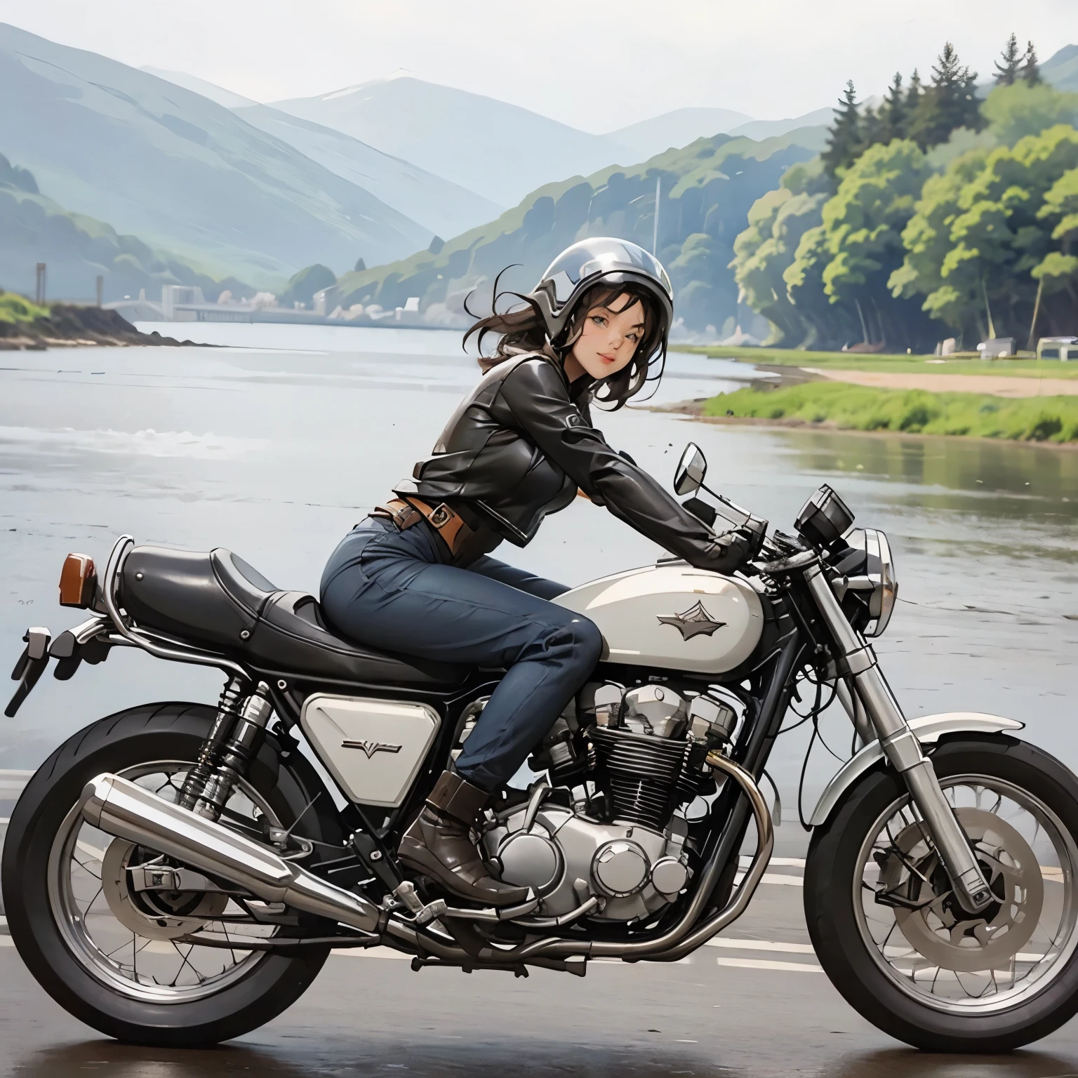 Vintage Bike、victory、Isle of Man Race、(A young female rider is sprinting on a motorcycle)、Leather Jumper、Cronwell Helmet、With goggles、 after rain、British countryside、