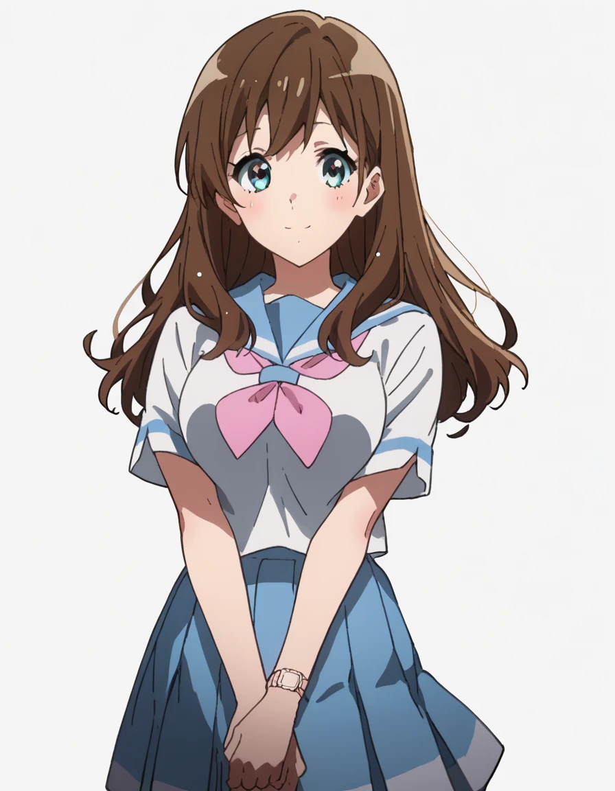 score_9, score_8_up, score_7_up, source_anime, rating_safe k_mayu, anime coloring, 1girl, long hair, brown hair, blue eyes,light smile, blush, pink neckerchief, blue sailor collar, kitauji high school uniform, short sleeves, pleated skirt, blue skirt, wristwatch, watch, v arms, black pantyhose, large breasts, looking at viewer, cowboy shot, standing, white background,