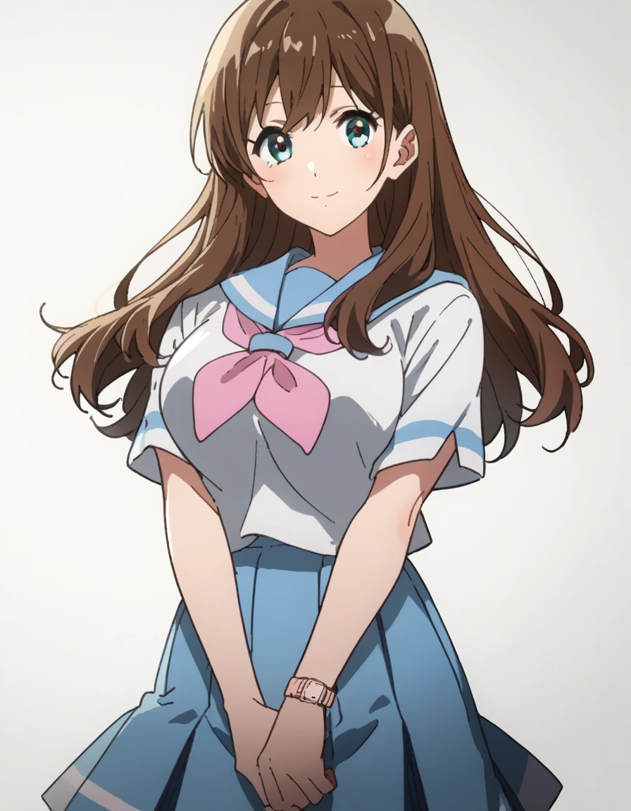 score_9, score_8_up, score_7_up, source_anime, rating_safe k_mayu, anime coloring, 1girl, long hair, brown hair, blue eyes,light smile, blush, pink neckerchief, blue sailor collar, kitauji high school uniform, short sleeves, pleated skirt, blue skirt, wristwatch, watch, v arms, black pantyhose, large breasts, looking at viewer, cowboy shot, standing, white background,