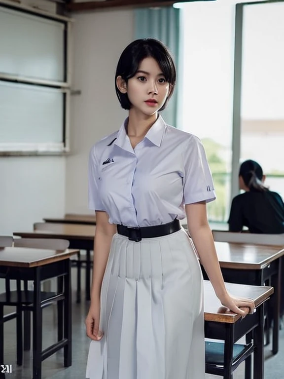 (photorealistic:1.4),Best quality, masterpiece ,Thai classroom, 1girl ,(mathayom uniform),white shirt short sleeves,(black pleated long skirt:1.2),short hair , Pretty thai woman short hair , big breasts , The shirt is tight , big tits
 