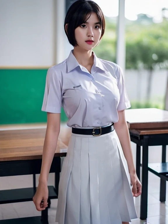 (photorealistic:1.4) solo,Best quality, masterpiece ,Thai classroom, 1girl ,(mathayom uniform),white shirt short sleeves,(black pleated long skirt:1.2),short hair , Pretty thai woman short hair , big breasts , The shirt is tight , big tits
 