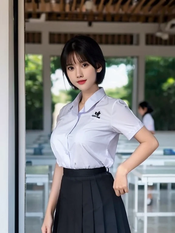 (photorealistic:1.4) solo,Best quality, masterpiece ,Thai classroom, 1girl ,(mathayom uniform),white shirt short sleeves,(black pleated long skirt:1.2),short hair , Pretty thai woman short hair , big breasts , The shirt is tight , big tits
 