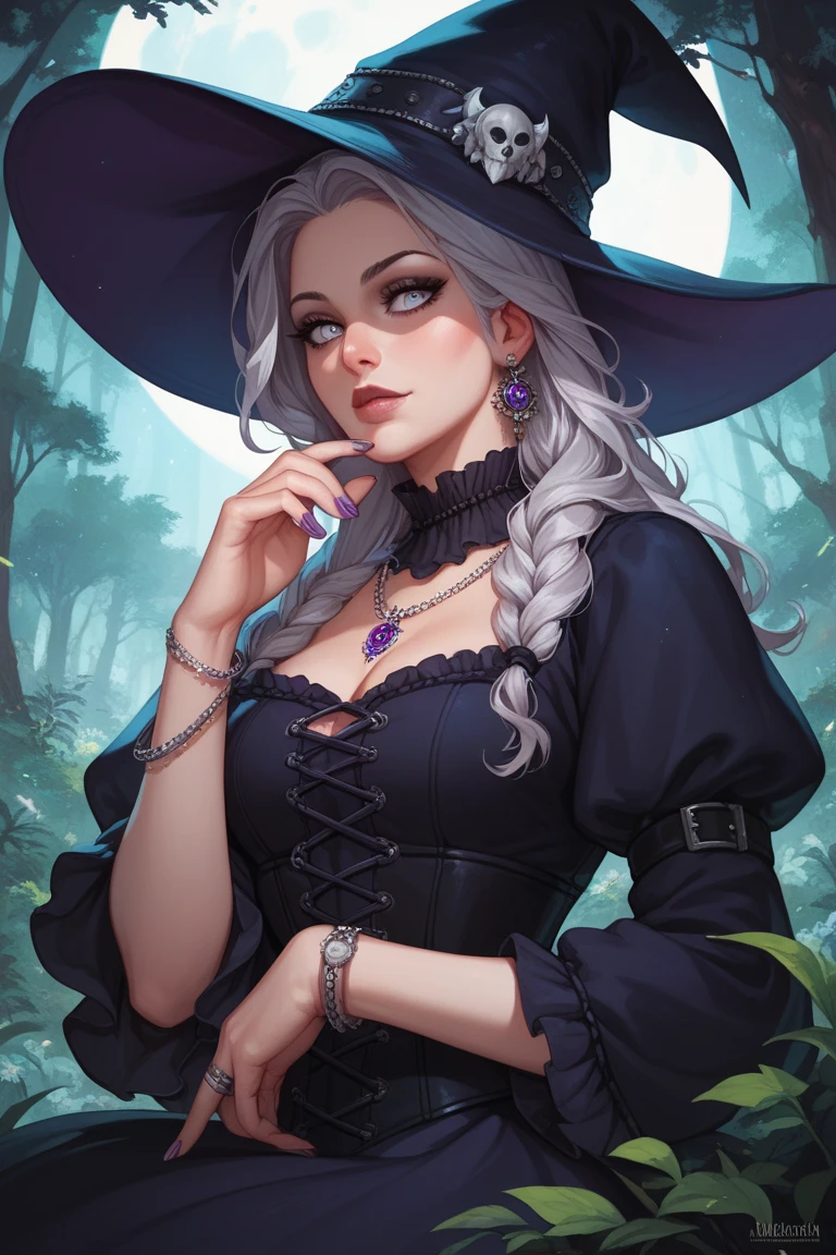 (best quality,highres,ultra-detailed,realistic:1.37),witch,beautiful big breasted witch casting a spell in a seductive pose,exquisite costume,enchanted spellbook,ethereal glowing orbs,moonlit forest background,dark and mystical atmosphere,vivid colors, magical lighting