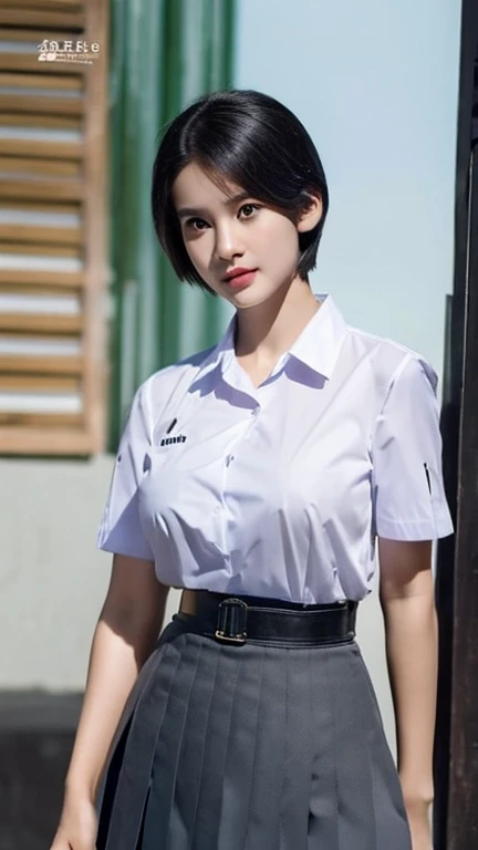 (photorealistic:1.4) solo,Best quality, masterpiece ,Thai classroom, 1girl ,(mathayom uniform),white shirt short sleeves,(black pleated long skirt:1.2),short hair , Pretty thai woman short hair , big breasts , The shirt is tight , big tits
 