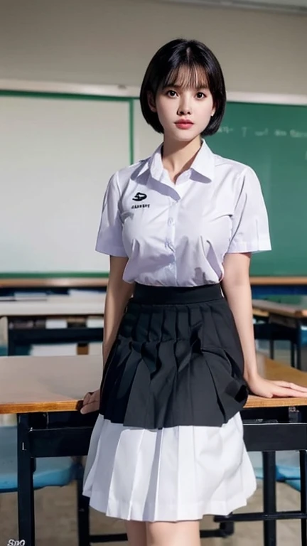 (photorealistic:1.4) solo,Best quality, masterpiece ,Thai classroom, 1girl ,(mathayom uniform),white shirt short sleeves,(black pleated long skirt:1.2),short hair , Pretty thai woman short hair , big breasts , The shirt is tight , big tits
 