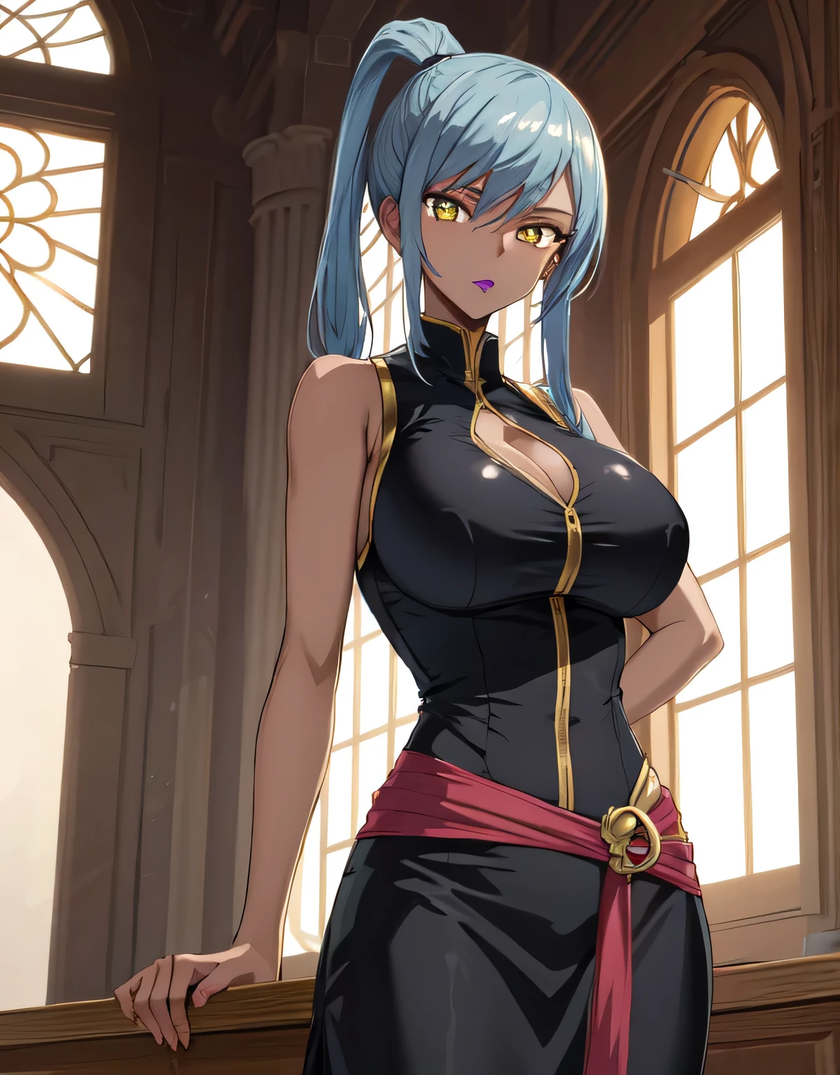 Villetta Nu,dark skin,grey hair,dark-skinned female,(yellow eyes),long hair,ponytail,lipstick, makeup,sleeveless,sleeveless dress,cleavage,(huge breasts:1.35),(shiny,hair),((solo)),((masterpiece)),((best quality)),perfect anatomy,slim waist,perfect image,8k UHD,(beautiful detailed eyes:1.5),extremely detailed face,standing,(look at the front:1.5),(arms behindback),ultra-detailed,absurdres,ultra-highres,shiny skin,indoor hall,indoor,