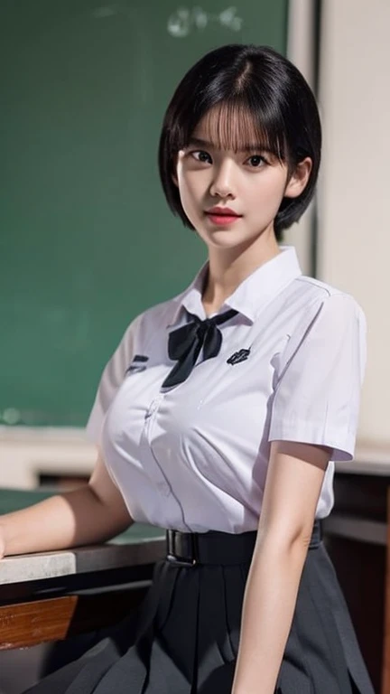 (photorealistic:1.4) solo,Best quality, masterpiece ,Thai classroom, 1girl ,(mathayom uniform),white shirt short sleeves,(black pleated long skirt:1.2),short hair , Pretty thai woman short hair , big breasts , The shirt is tight , big tits
 