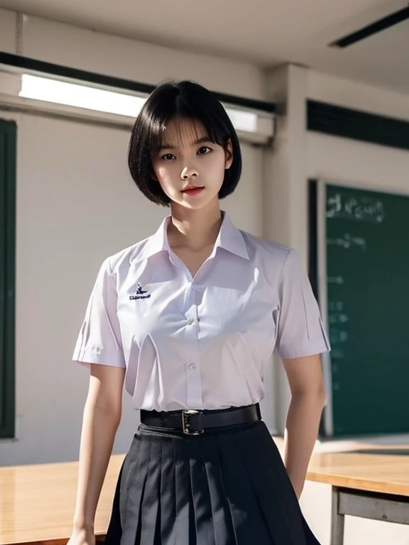 (photorealistic:1.4) solo,Best quality, masterpiece ,Thai classroom, solo,1girl ,(mathayom uniform),white shirt short sleeves,(black pleated long skirt:1.2),short hair , Pretty thai woman short hair , big breasts , The shirt is tight , big tits
 