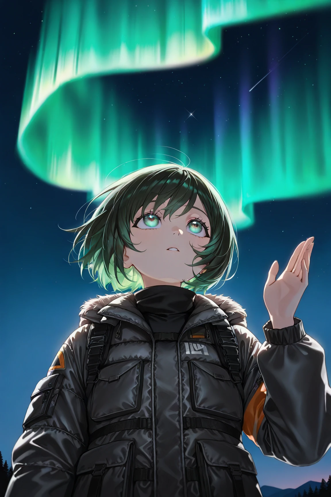 (A girl, the girl is , the girl has short hair, the girl has an airy bob, the girl has dark green hair, the girl has her eyes half-open, the girl is watching the Aurora, the girl is looking at the sky, the girl is looking up, the girl is wearing a black down jacket, the down jacket has fur, the girl has one hand raised up) Aurora, Iceland, outdoors, angle from below, night, the person is small and positioned in the bottom right, only the upper body of the person is visible, the person has their back to the viewer