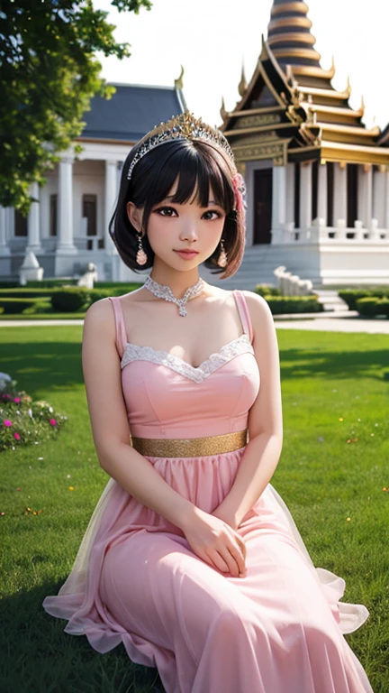 A beautiful young Thai woman wearing a pink dress and gold tiara sits on the grass in front of a Phra establishing shot. A beautiful white cat with red eyes walks around her, surrounded by pink roses in the background. A beautiful temple stands behind them, with a dreamy lighting and romanticized views, creating a photo-realistic landscape in shades of pink, yellow, and green.