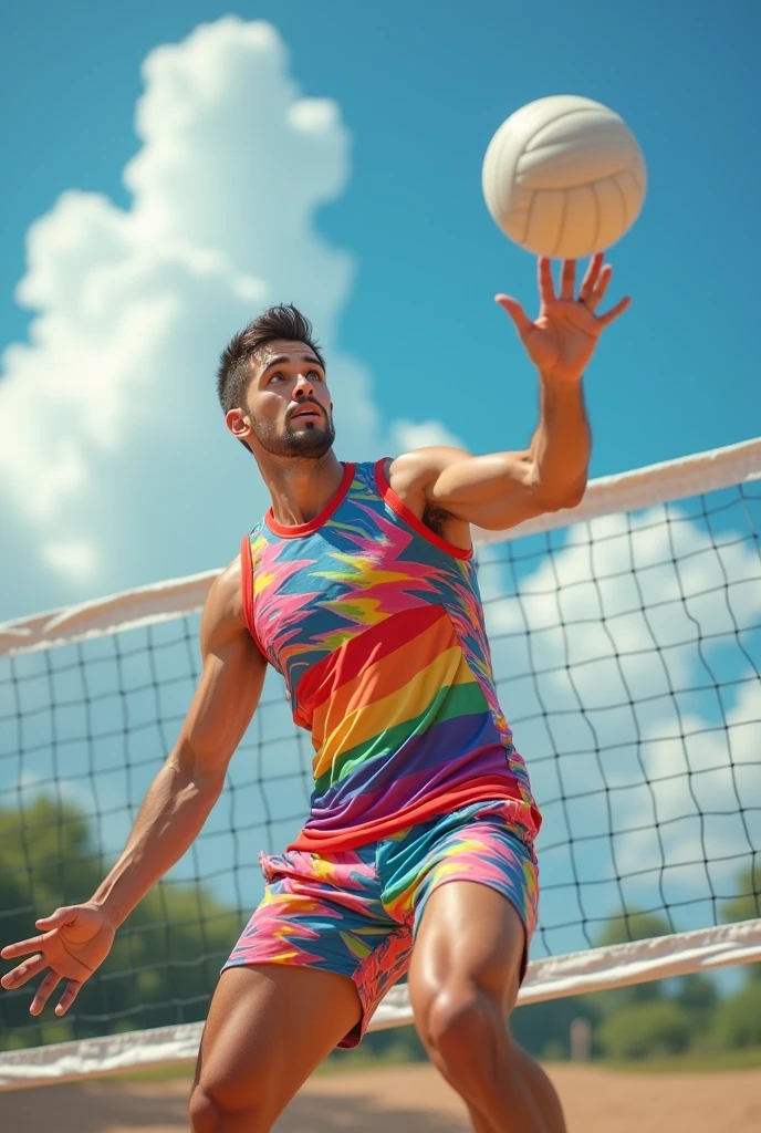 male Age 17 swimwear beach volleyball topless smile
