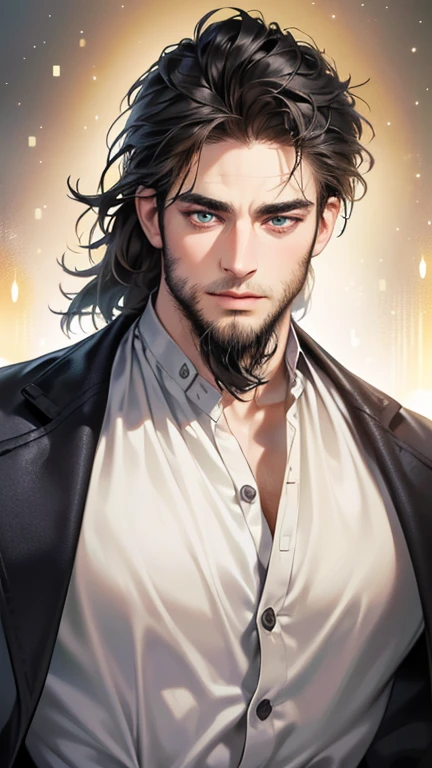Um homem jovem, mago, com seu livro de magias, About to use a spell. Ele possui barba curta, cabelo curto cacheado, bonito atraente, sem camisa. His face has a serious countenance