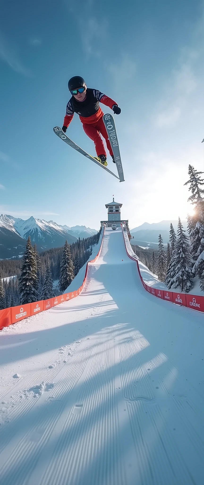 8k、16k,Swoop,Nordic ski jumping, ski jumping platform,Glide,( Athlete's Perspective ),( motion blur :2.0 ),Shot with go pro hero8