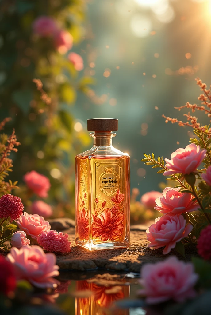 (masterpiece), (intricate details), (photorealistic:1.3), no human, crystal material (perfume bottle:1.3), hibiscus flowers, the universe, pink theme, black background, A pile of ice,