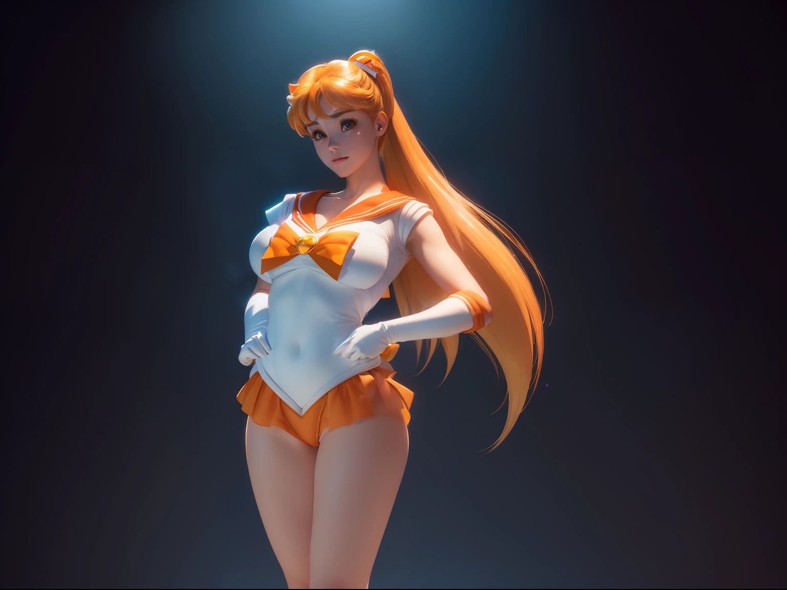 masterpiece, best quality, high resolution, venus1, 1 girl, solo, senshi sailor uniform, sailor venus, aino minako, blonde hair, magical girl, blue eyes, orange ultra mini skirt, elbow length gloves, tiara, pleated skirt , hair bow, orange sailor necklace, ultra mini skirt, choker, red bow, orange choker, white gloves, very long hair, jewelry, earrings, standing, from behind, with the skirt up showing her ass, up skirt, no thong