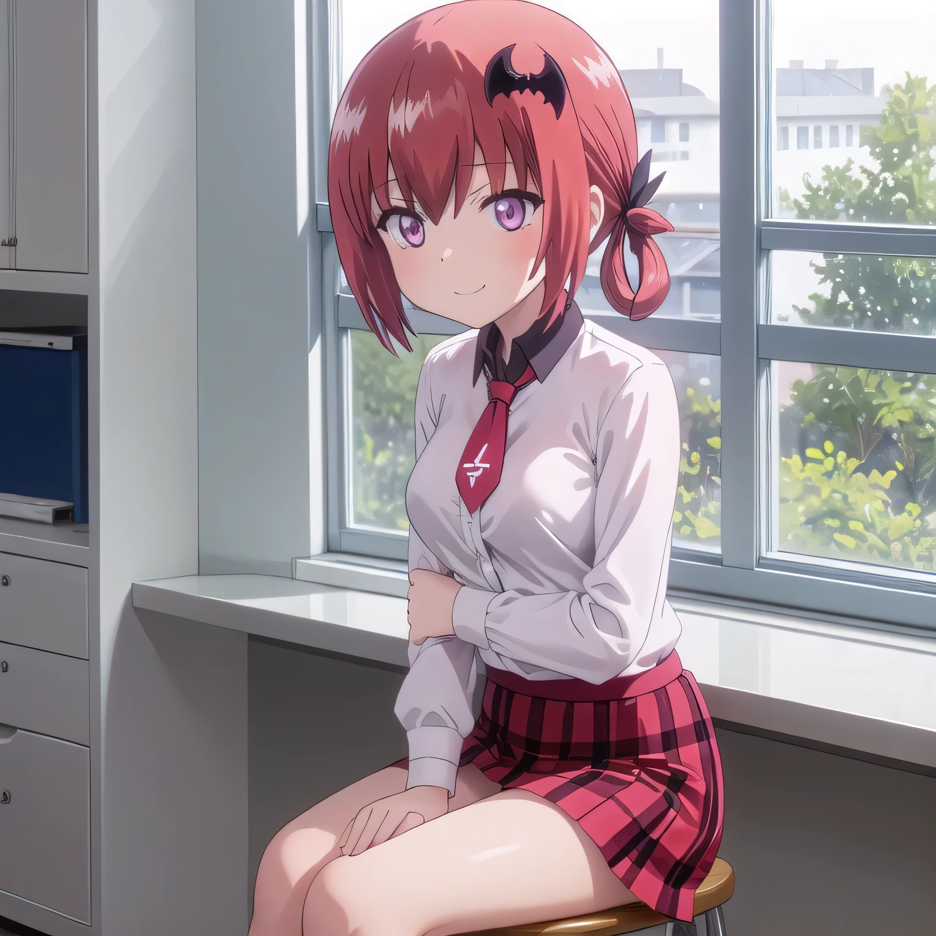 School room summer sunny day 
Satanichia McDowell sitting with a notebook and pencil 
In his chair looking sideways
Out the window 
dressed in student clothes

red plaid skirt
And a black shirt with buttons
With tie

Red hair tied up with 2 pigtails
detailed magenta eyes

Beautiful lonely girl 
And a nice smile
detailed arms and hands
slender legs with black tights 
medium breasts 